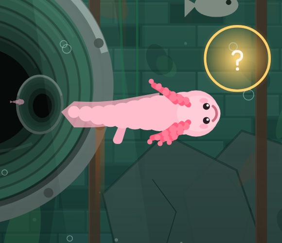 A leucistic axolotl swimming in a Xochimilco canal in the game Axolotl Haven