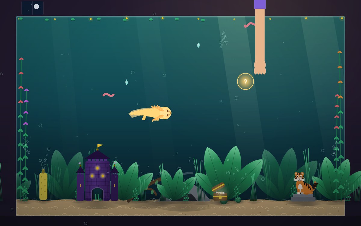 A planted home aquarium with a castle, a cave, driftwood, and a tiger statue.