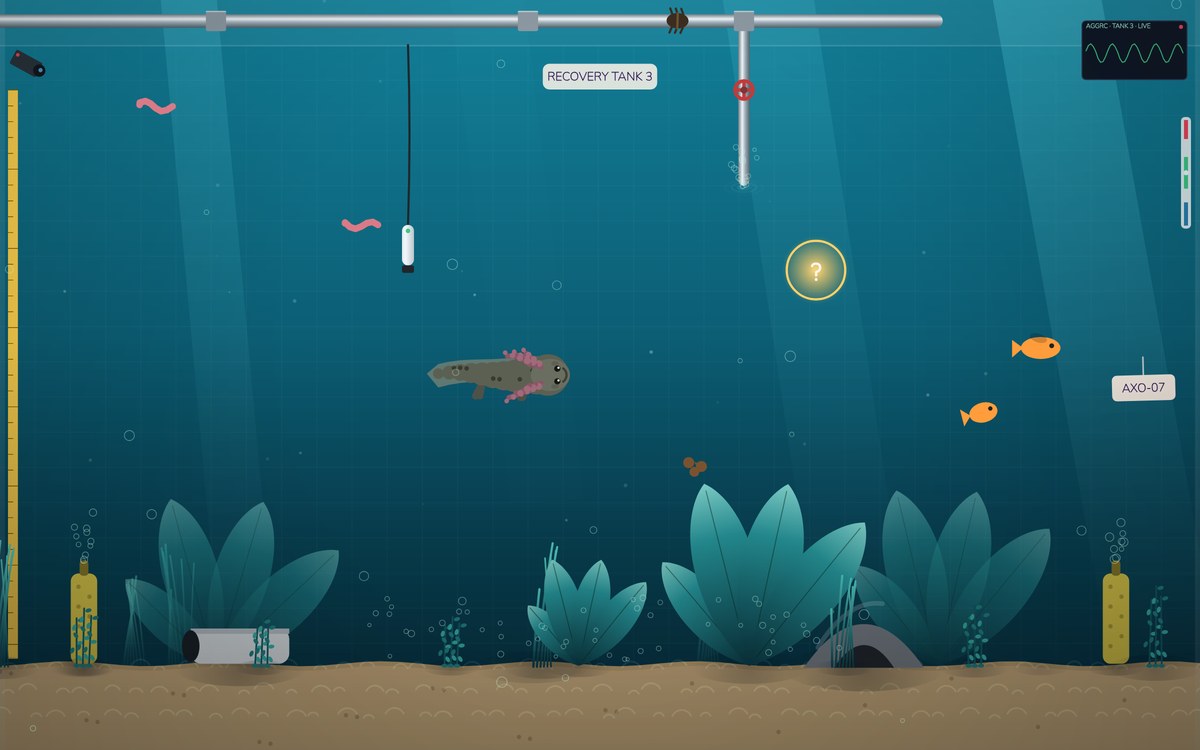 A monitored recovery tank with chrome pipework, a data sonde, and a live water quality trace.